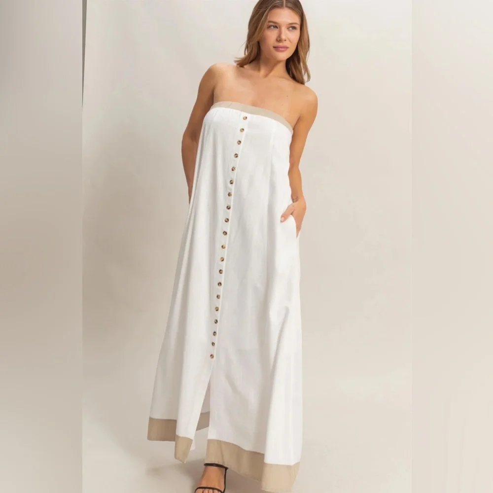 #40 White Strapless Maxi Dress with Button Detail - Picture 3 of 4